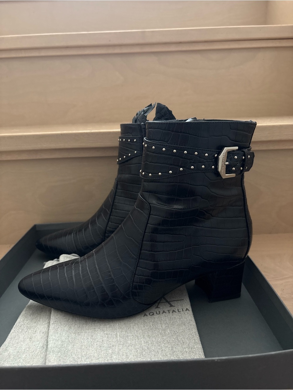 Aquatalia Navy Croc-Embossed Leather Ankle Booties with Studded Buckle Strap